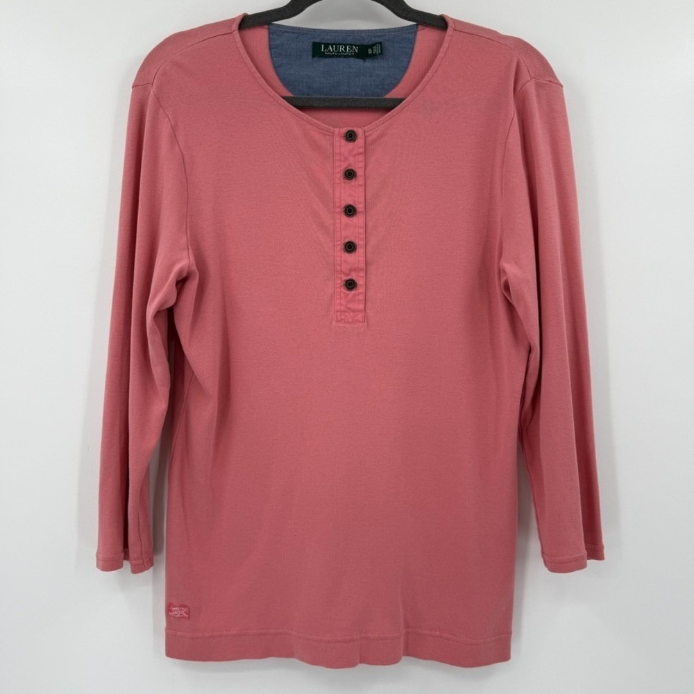 Lauren Ralph Lauren Womens Henley Long Sleeve Top Size XL Pink Cotton Classic